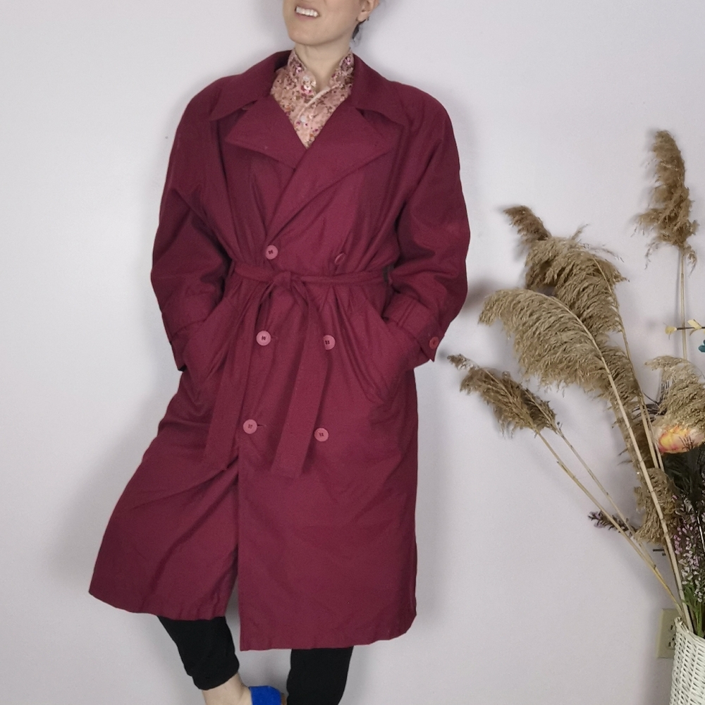 Large vintage burgundy trench coat, women's minimalist retro fashion